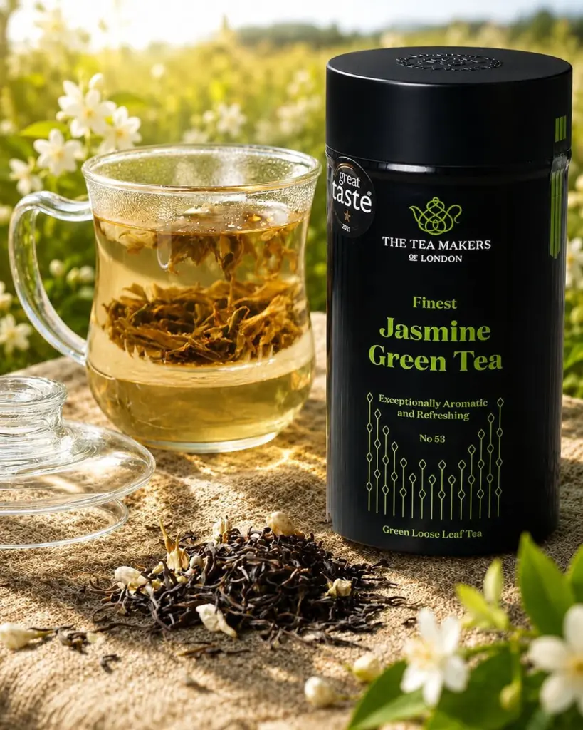 The Tea Makers Jasmine Green Tea tin beside a glass cup of loose-leaf tea