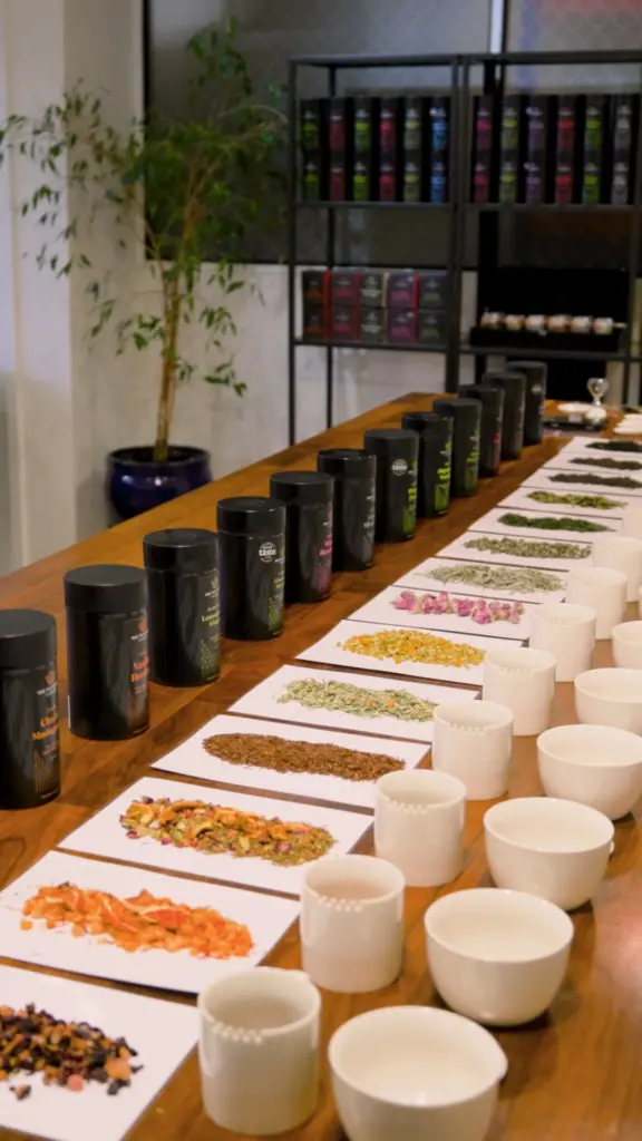 Tea canisters, loose-leaf samples and white tasting cups arranged on a long wooden table