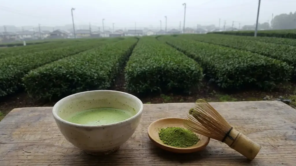 Clipped tea hedges at a quiet semi-rural edge with a bowl and dish of matcha.