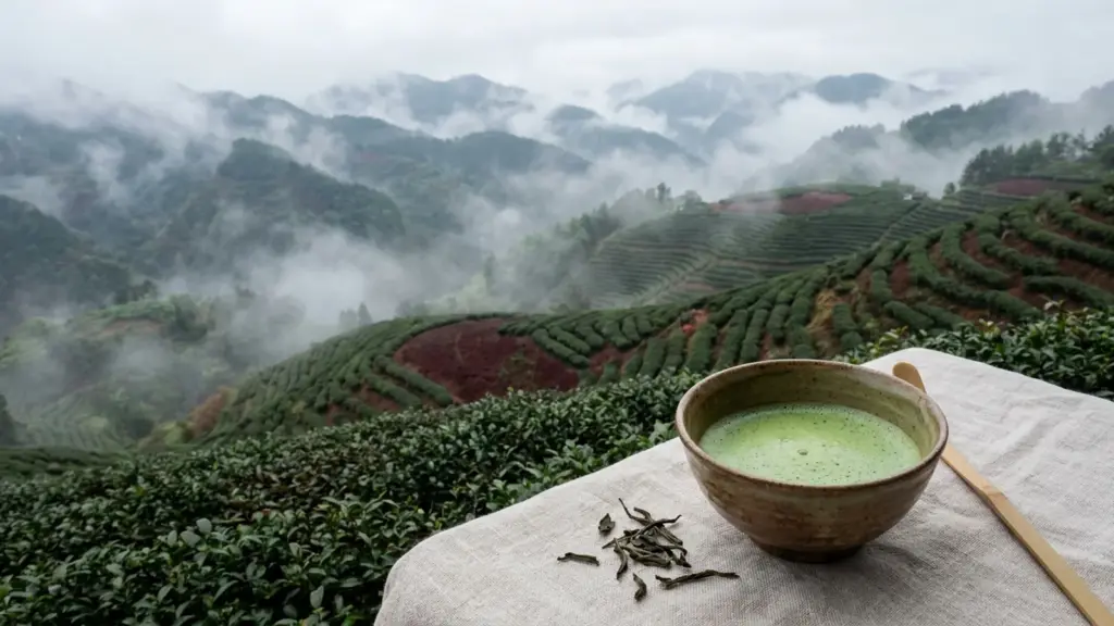 Misty mountain tea rows on reddish soil with a ceramic bowl of jade green matcha.