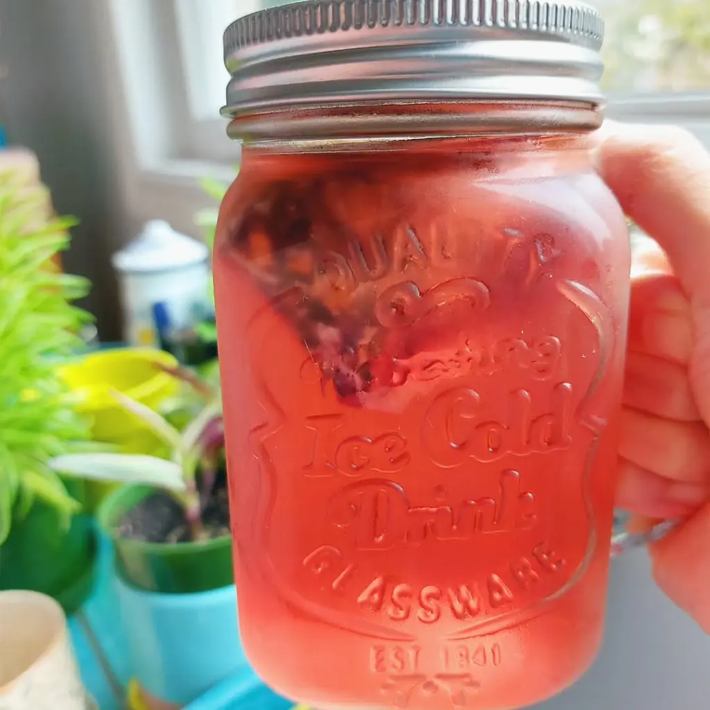 Hand holding a chilled mason jar filled with a red iced drink