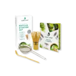 Jade Leaf Matcha starter set with bamboo whisk, bamboo scoop, metal sifter, handbook, and box