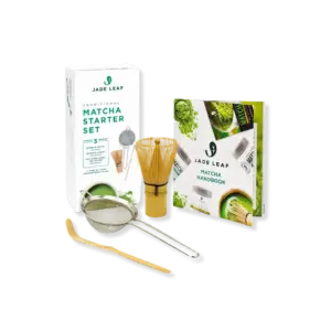 Jade Leaf Matcha starter set with bamboo whisk, bamboo scoop, metal sifter, handbook, and box