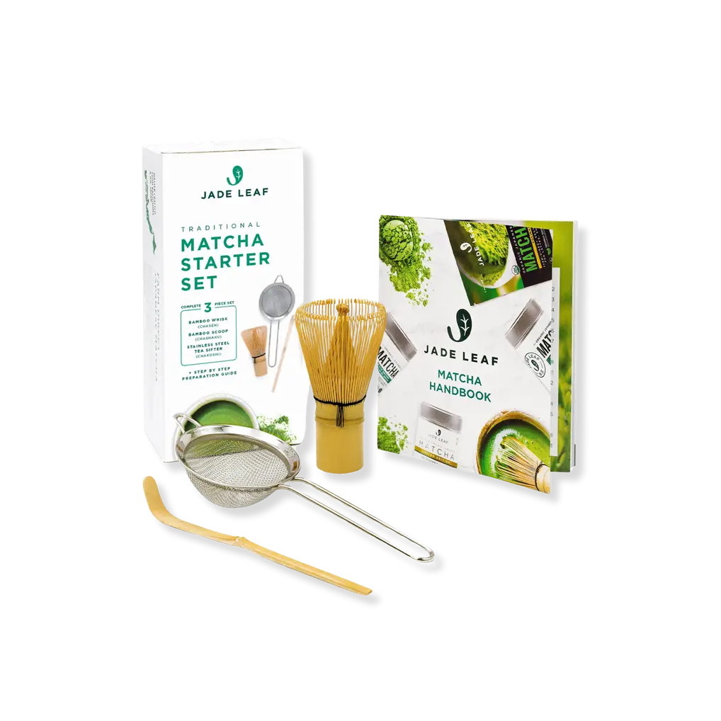 Jade Leaf Matcha starter set with bamboo whisk, bamboo scoop, metal sifter, handbook, and box