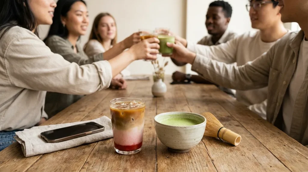 Iced strawberry matcha latte beside a bamboo whisk and ceramic bowl, with a phone showing a recipe video