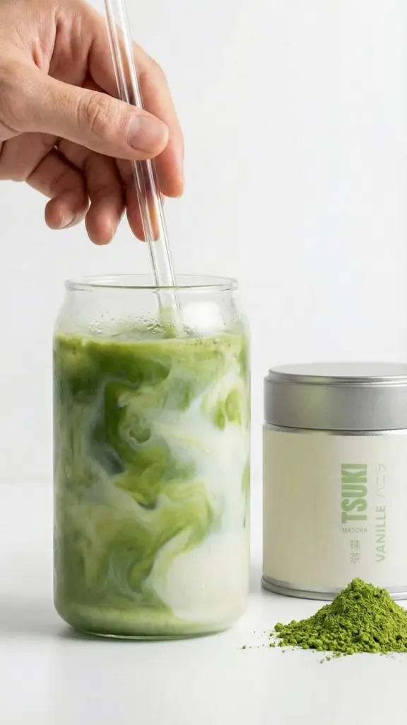 Hand stirring a green iced latte beside a Tsuki Matcha Vanilla tin and matcha powder