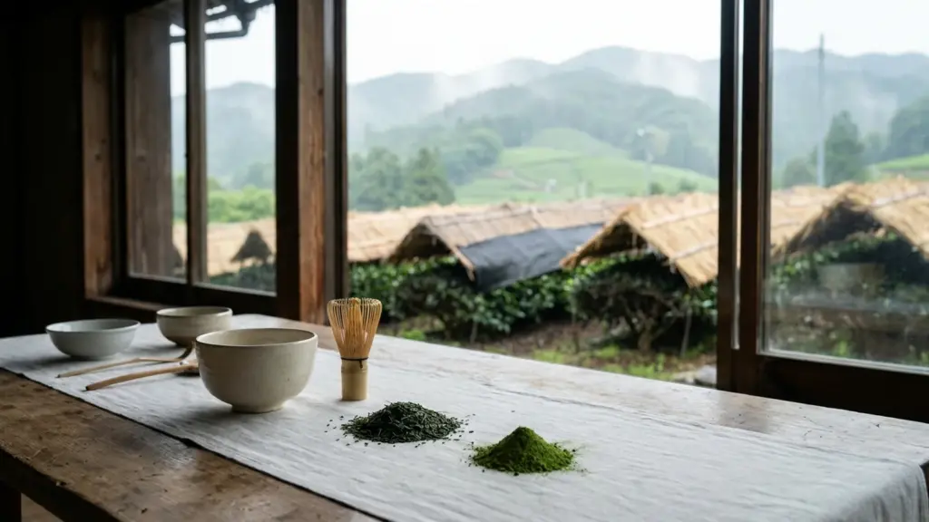 Matcha powder, dried tea leaves, a ceramic bowl, and a bamboo whisk beside shaded tea rows.