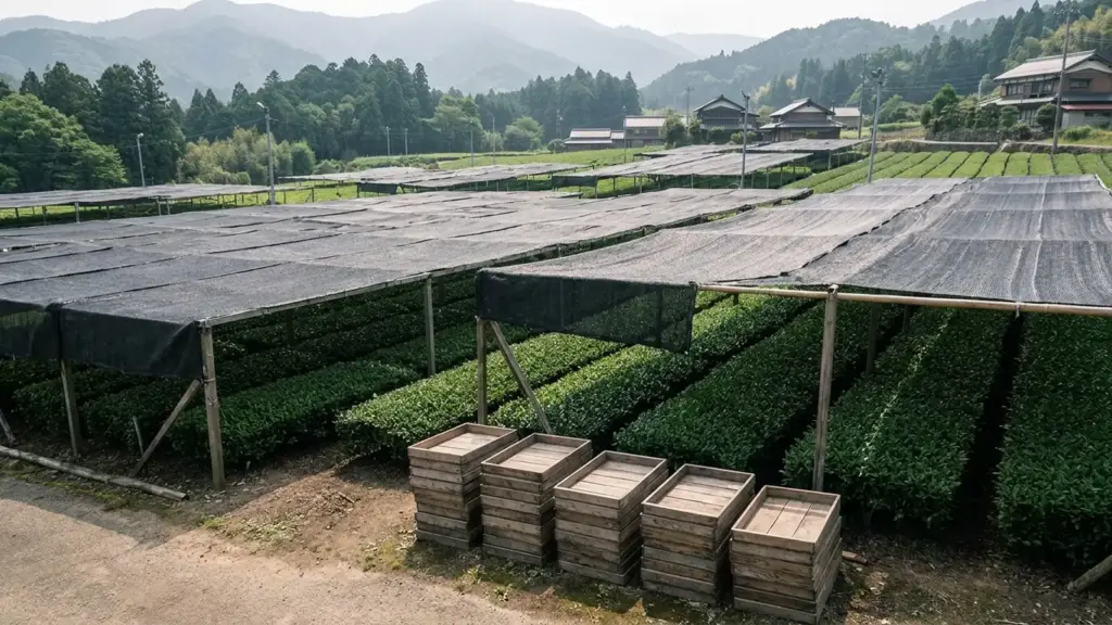 Several covered tea plots with separate harvest trays arranged at the field edge.