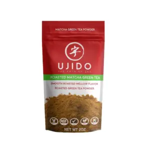 Red and silver Ujido roasted matcha green tea powder pouch with brown powder pictured on the front
