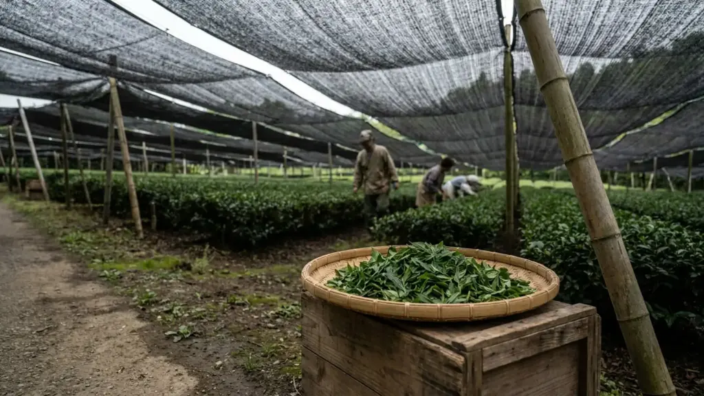 Covered tea rows with freshly harvested leaves resting in a shallow bamboo tray.
