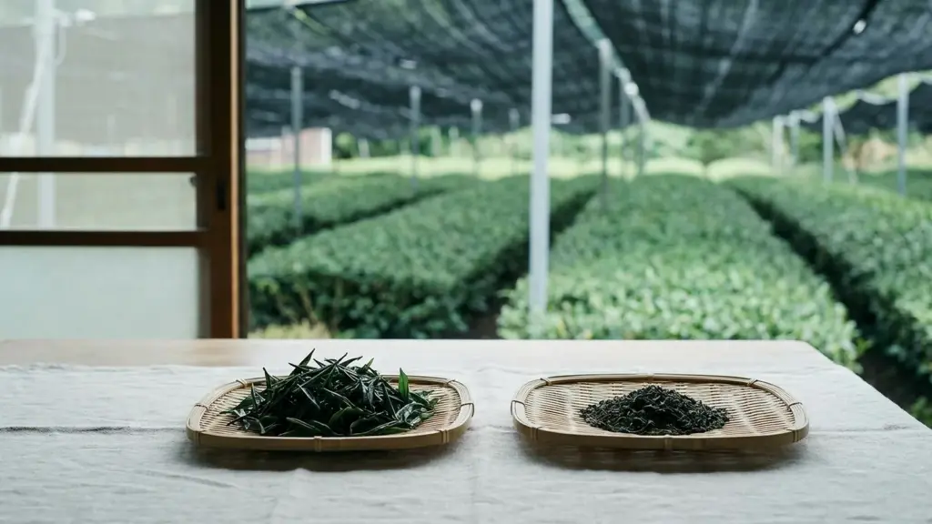 Covered tea rows with harvested leaves and rolled green tea on separate bamboo trays.