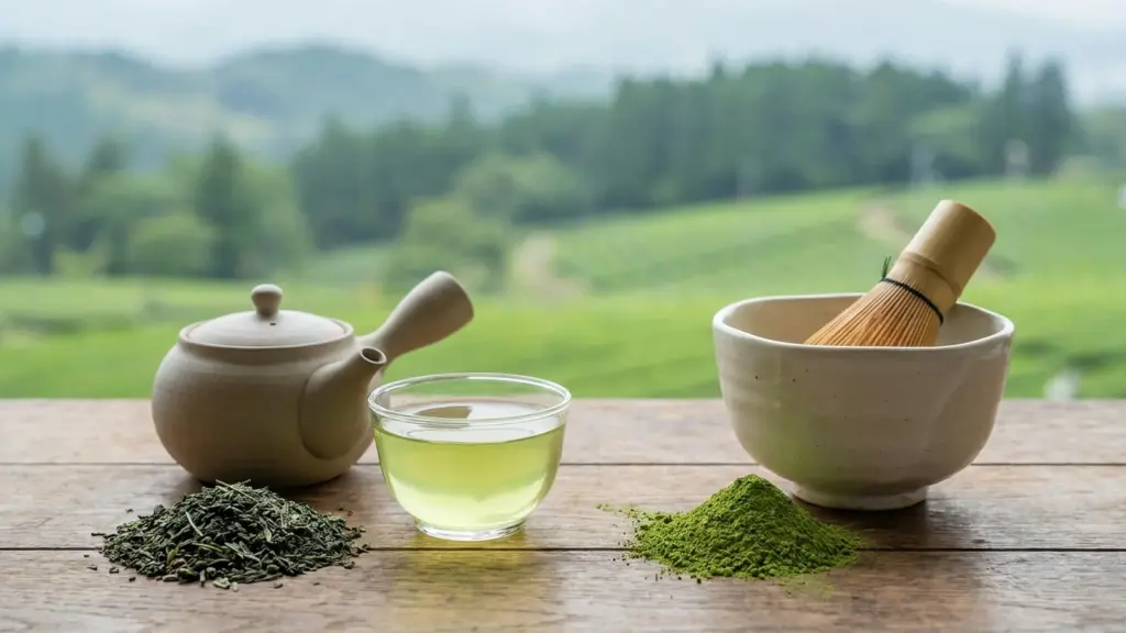 Rolled sencha with a teapot beside matcha powder, a whisk and a ceramic bowl.