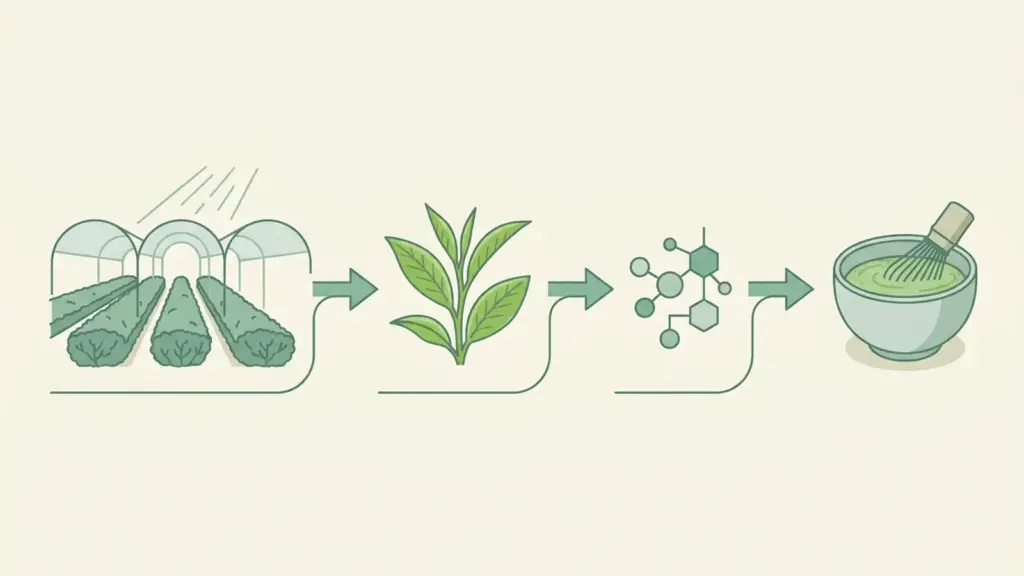No-text diagram linking shaded tea plants, leaf amino acids, and a bowl of matcha