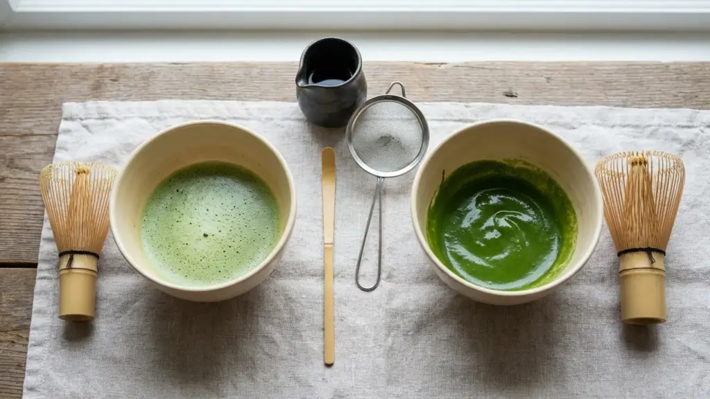Two ceramic bowls showing foamy thin matcha and thick foam-free matcha with bamboo preparation tools.