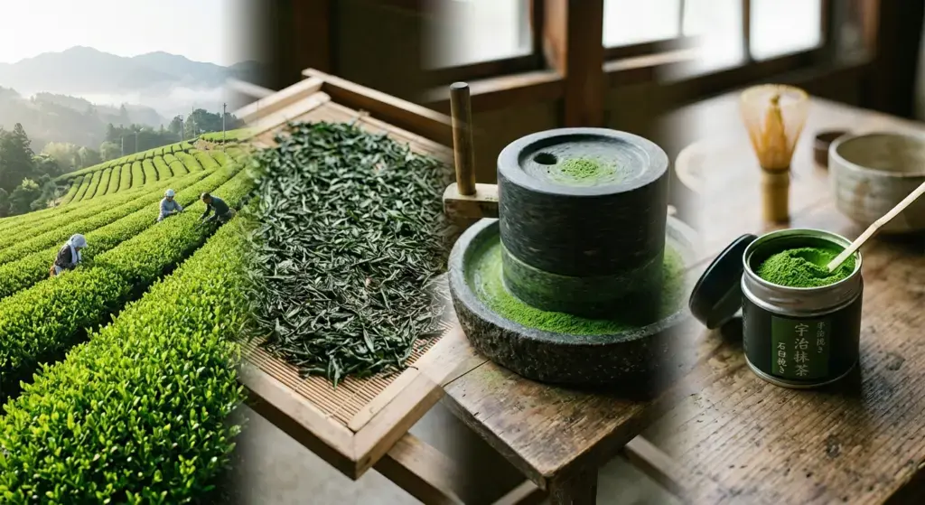 Picture of the different step of matcha production from the green tea field, the tencha making, the stone milling