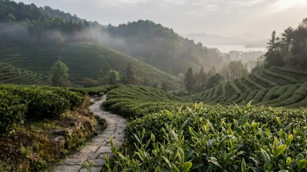 Terraced tea gardens on wooded slopes in Hangzhou's Xihu district