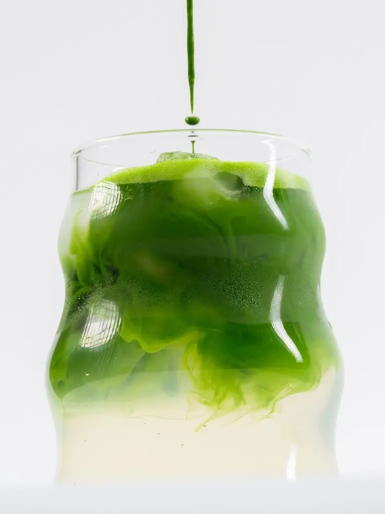 Green liquid dripping into a clear glass filled with ice and pale liquid