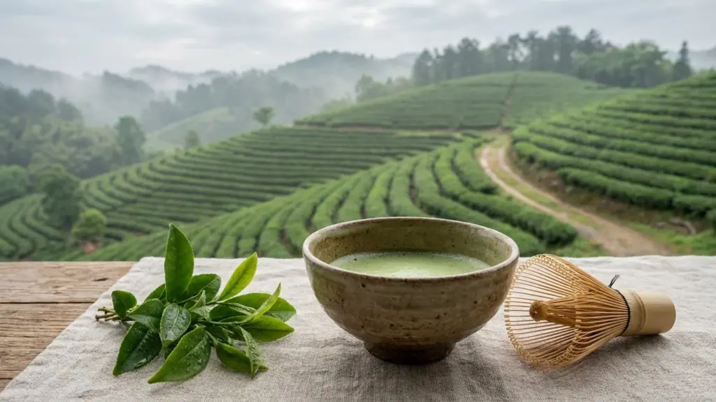 Orderly tea rows in humid low hills with a bamboo whisk and bowl of matcha.