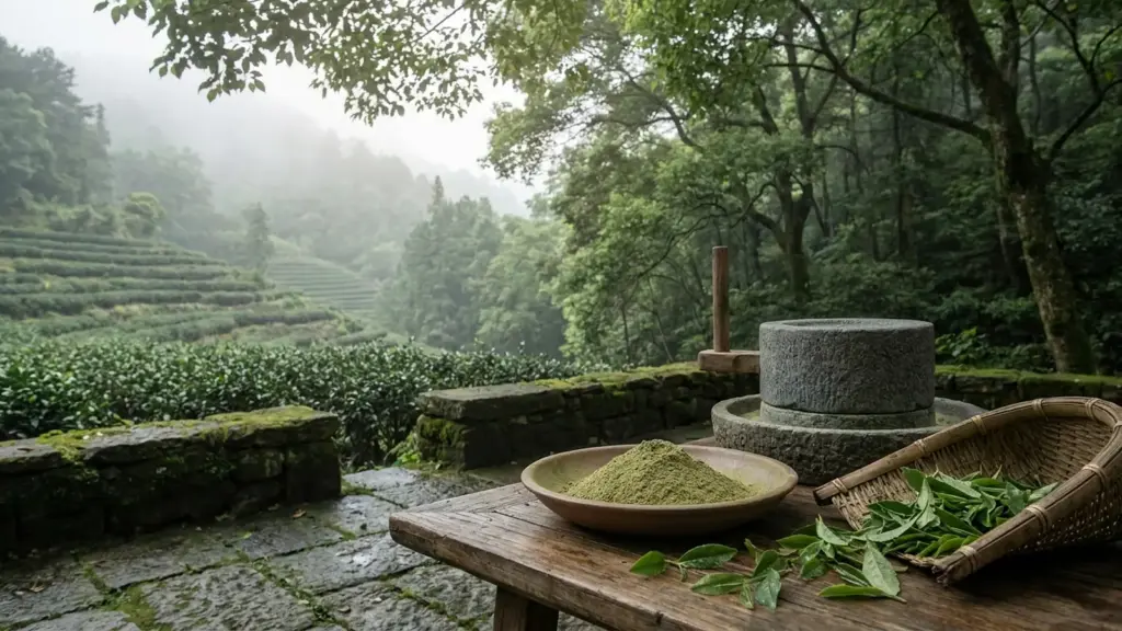 Tea leaves and fine green powder beside a stone hand mill with misty wooded tea hills behind.