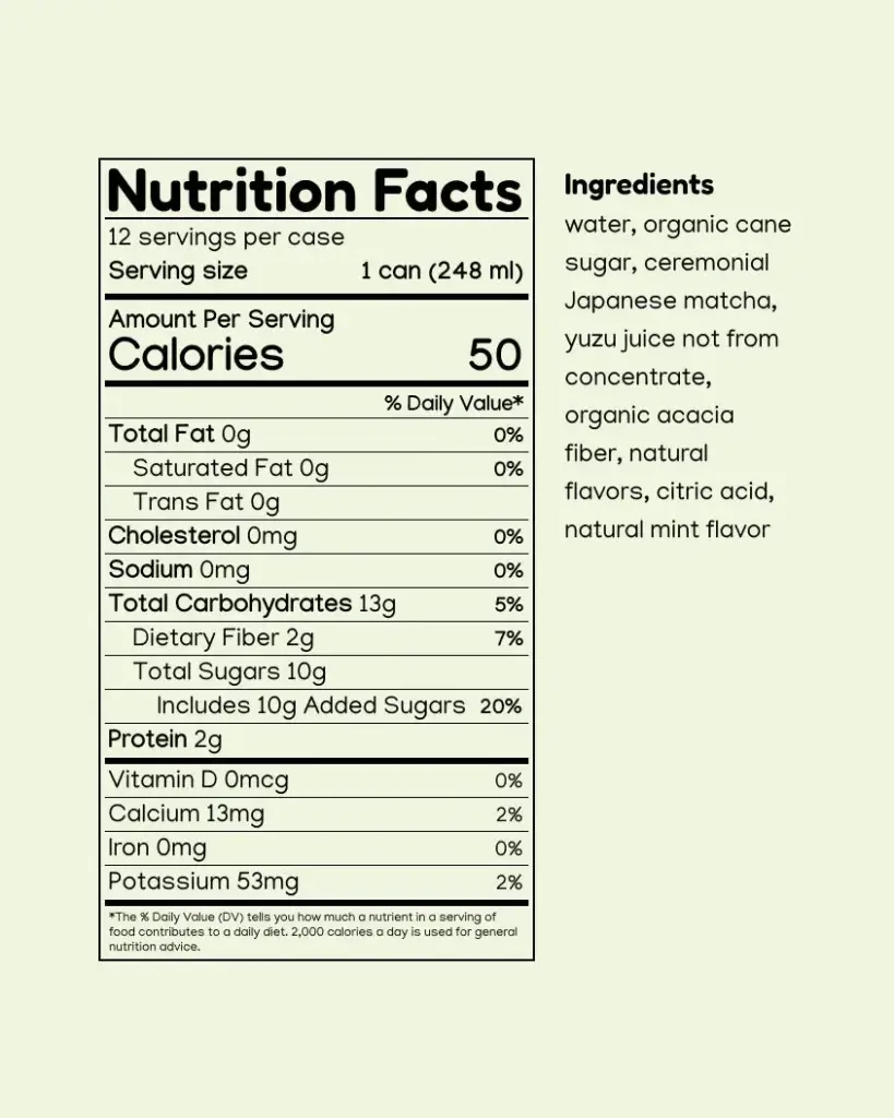 Nutrition Facts and ingredients panel for Shinzo Matcha Yuzu Mint Ready-to-Drink Soda