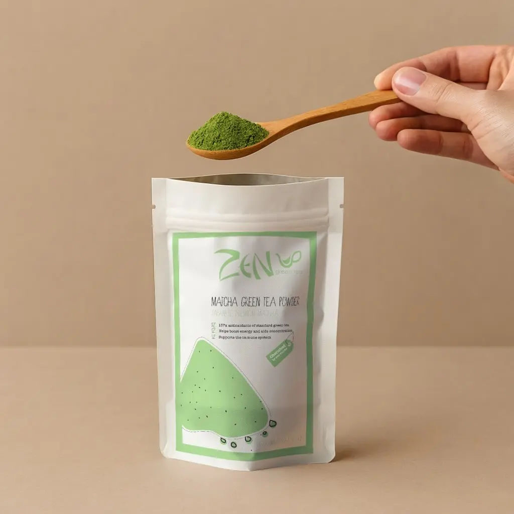 Hand holding a wooden spoon of green matcha powder above an open Zen Green Tea pouch