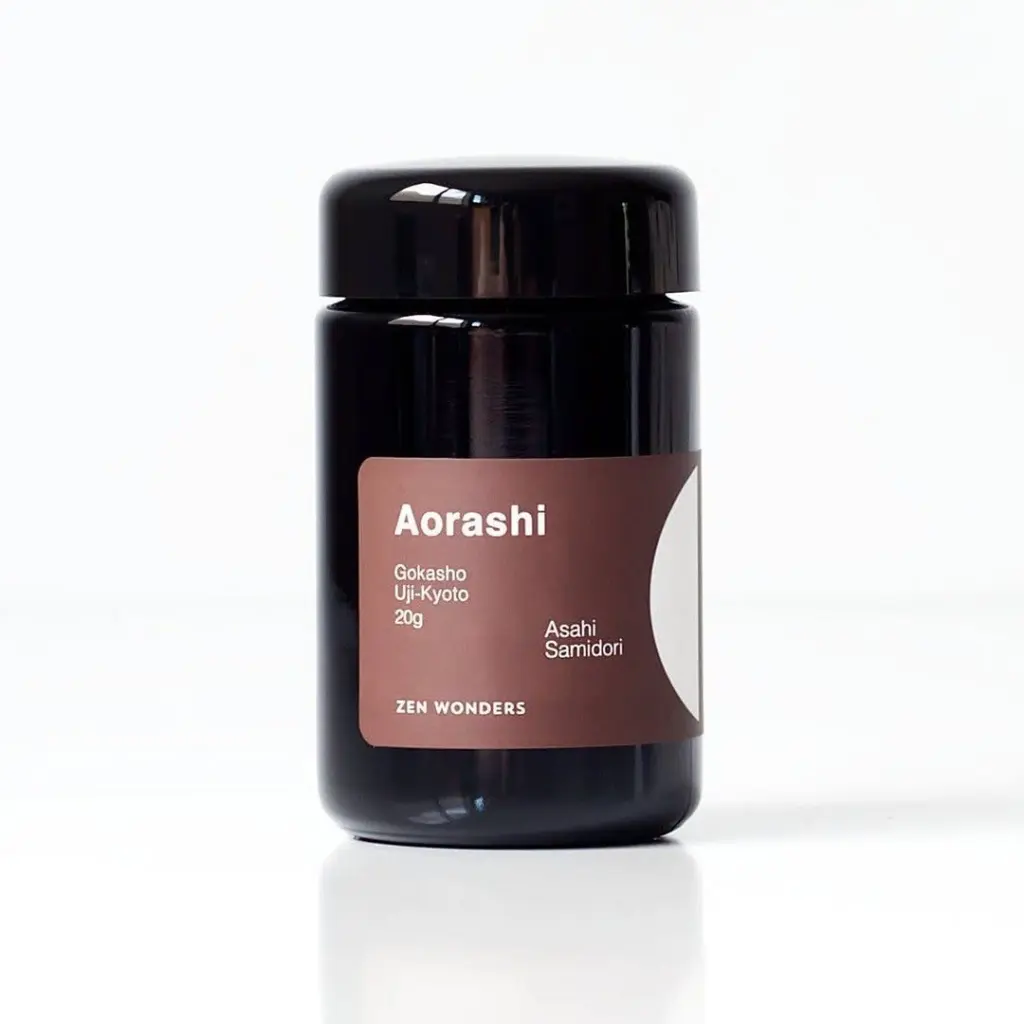 Black Zen Wonders Aorashi jar with a brown label on a white background