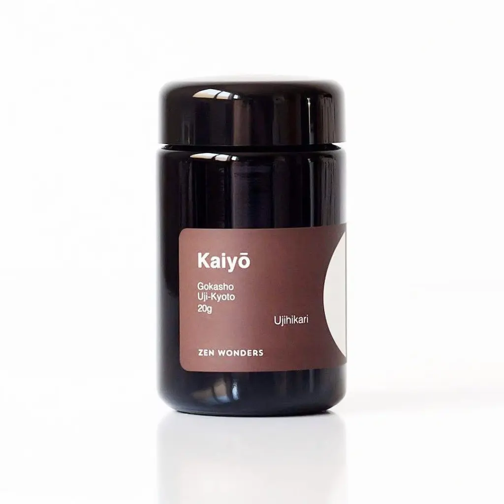 Black Zen Wonders Kaiyō jar with a brown label on a white background