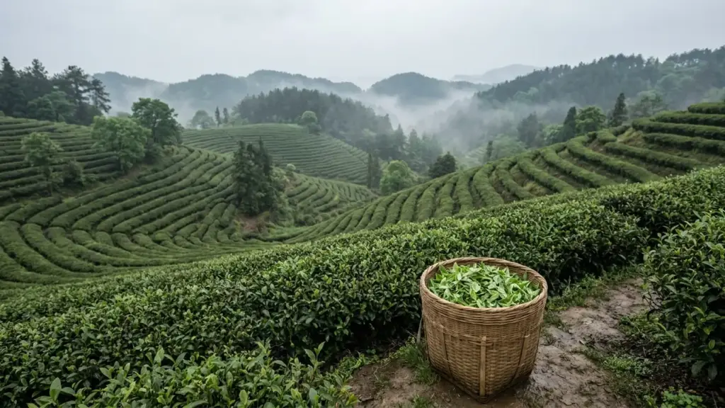 Orderly tea rows across rain-softened hills in Zhejiang